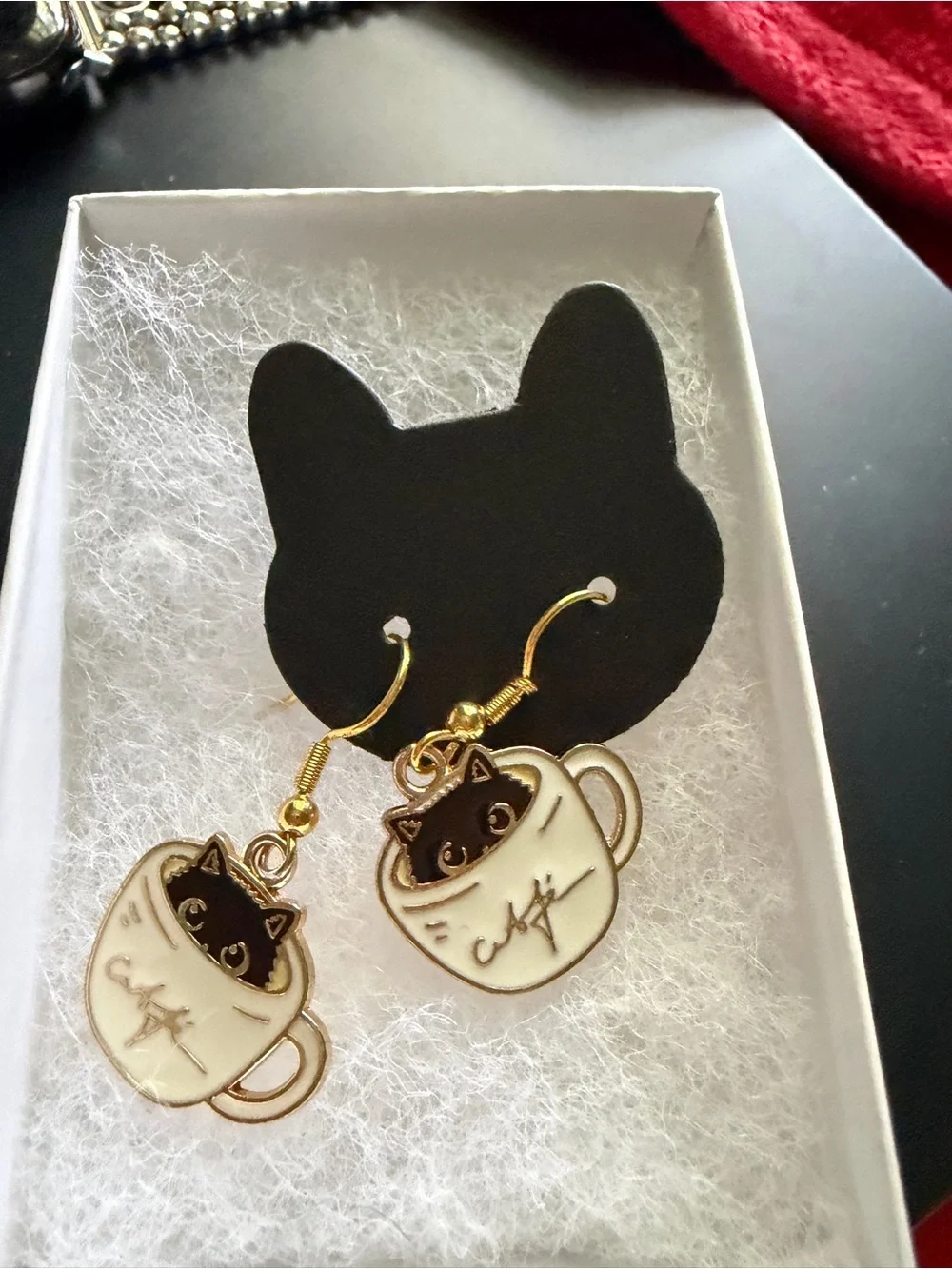Gold Cat-in-Cup Earrings CATS AND COFFEE